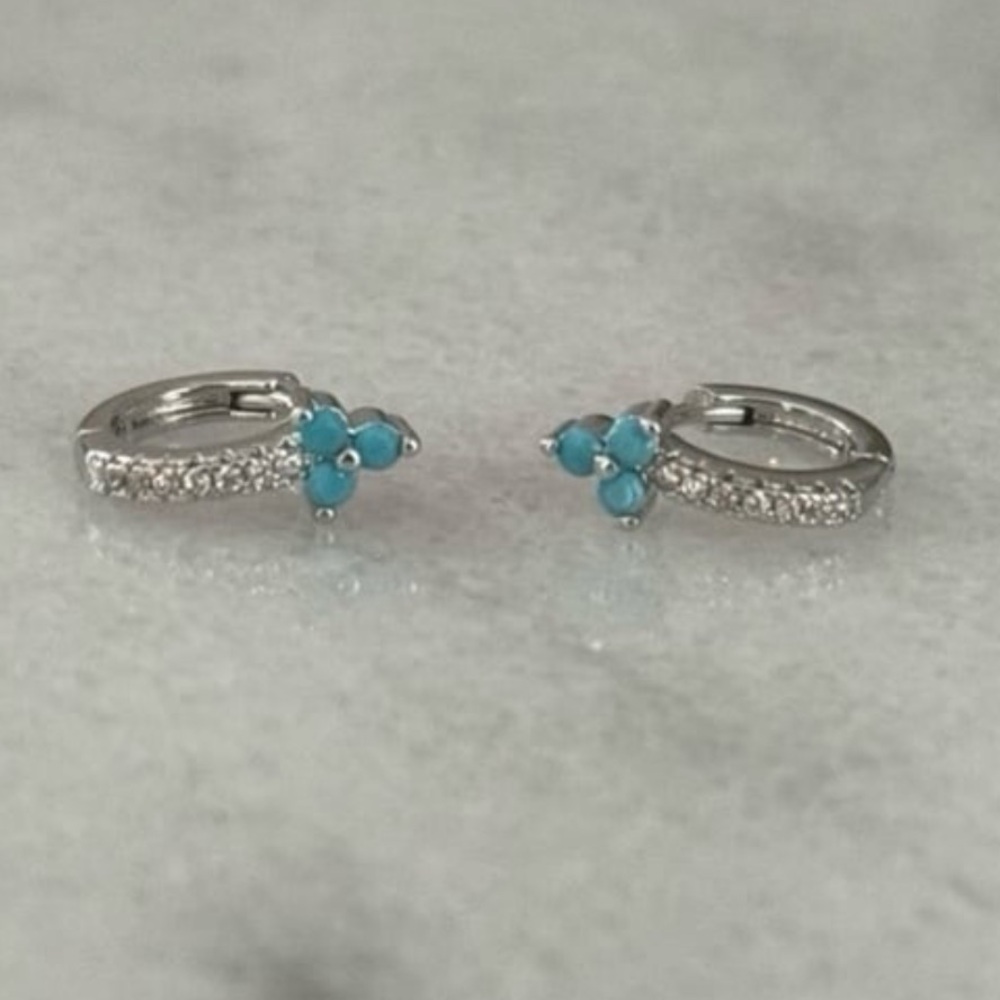 Sterling Silver Crystal Turquoise Flower Huggie Hoop Mini Earrings